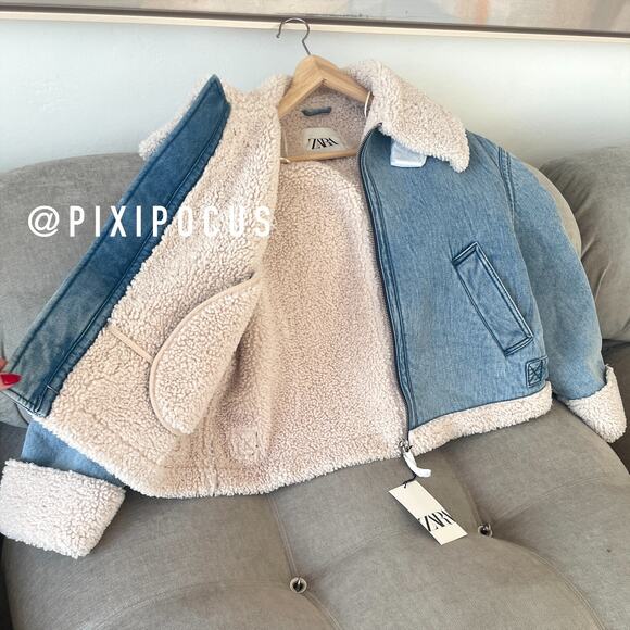 ZARA NEW FAUX SHEARLING BIKER JACKET MOTO DENIM BLUE M MEDIUM 3548/250 - Picture 3 of 16